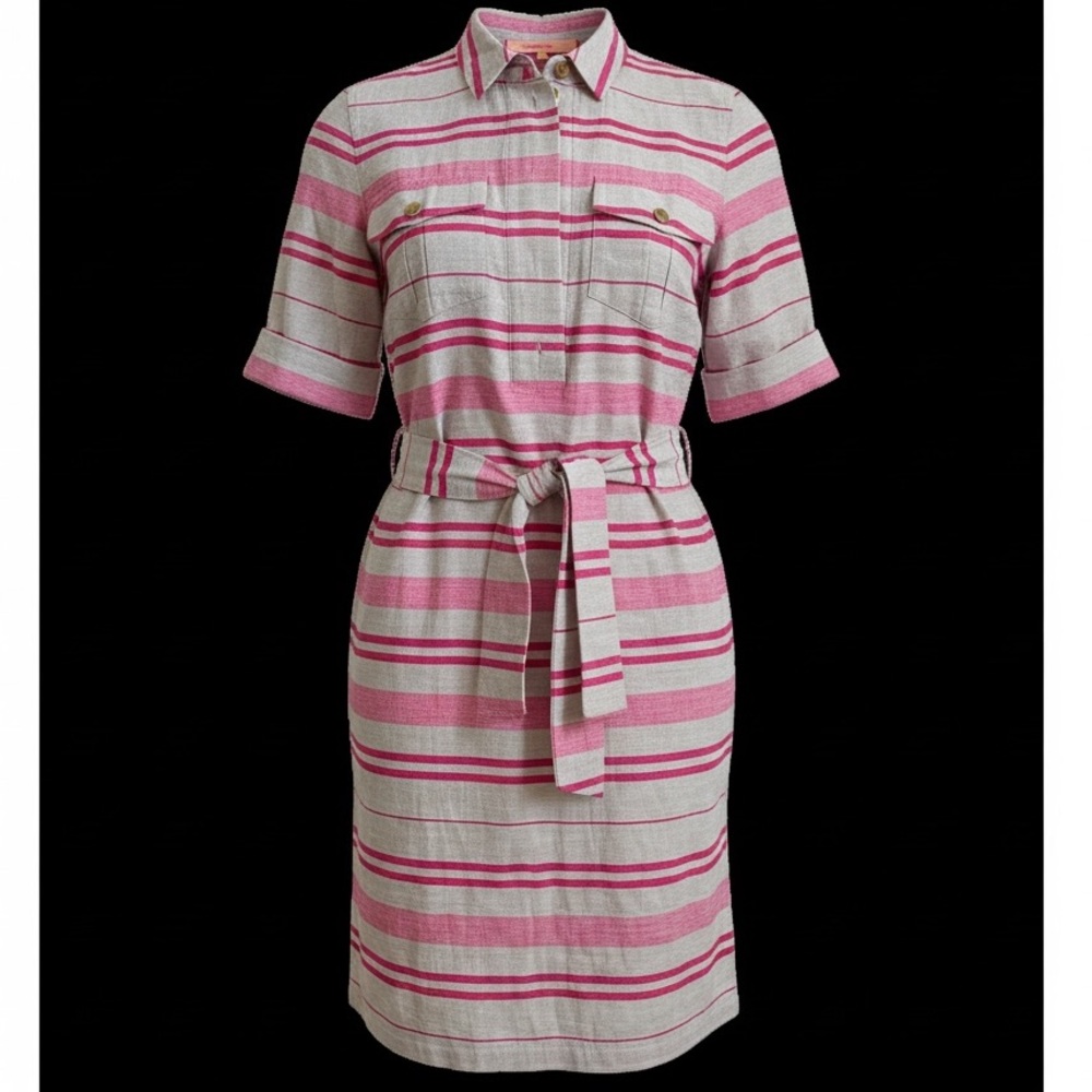Vilagallo Pink & Cream Striped Belted Casual Dress Linen and Cotton